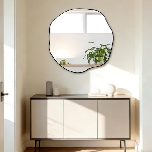 POZINO Irregular Wall Mirror, 25" Asymmetrical Frameless Mirrors, Scalloped Rounded Mirror, Organic Shaped Mirrors for Living Room Bedroom Entryway Fireplace, Horizontal or Vertical Hanging - color: Black, size: 25"L x 25"W