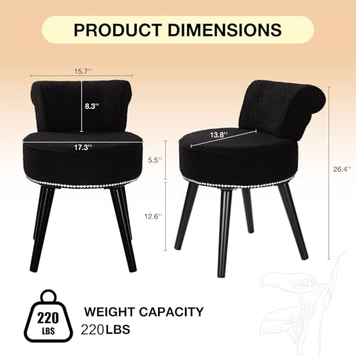 Vanity Chair with Back, Sherpa Stool with Tufted Backrest & Sliver Nailhead Trim, Round Vanity Seat for Bedroom and Bathroom Makeup, Support 220lbs, Easy Assembly (Teddy Black) - color: Sherpa Black