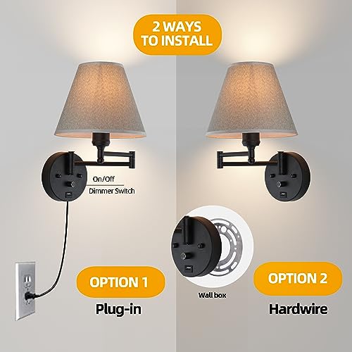 Swing Arm Wall Lamp.Wall Mount lamp with Dimmable Switch.Plug in Wall Sconces with USB Charging Port. Black Sconces Wall Lighting Suitable for Bedroom,Living Room. - color: Black
