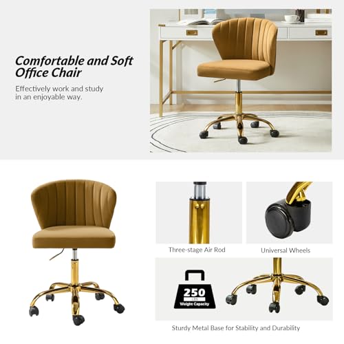 TINA'S HOME Velvet Office Desk Chairs with Wheels & Gold Base, Golden | Modern Velvet Cute Armless Office Chair, Adjustable Low Back Swivel Vanity Chair, Upholstered Task Chair for Living Room - color: Golden