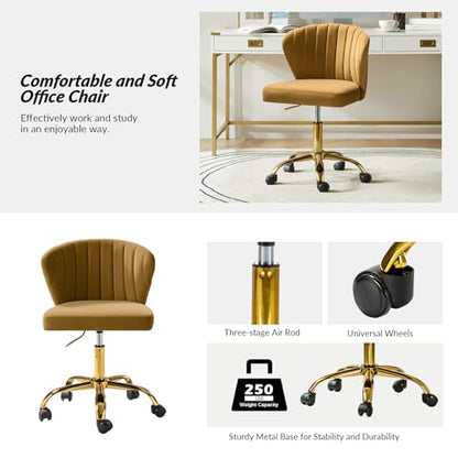 TINA'S HOME Velvet Office Desk Chairs with Wheels & Gold Base, Golden | Modern Velvet Cute Armless Office Chair, Adjustable Low Back Swivel Vanity Chair, Upholstered Task Chair for Living Room - color: Golden