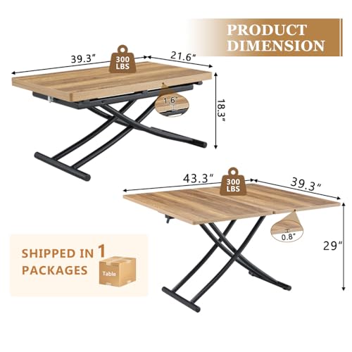 Adjustable Height Coffee Table, Folding Dining Table, Light Wood | Convertible lift top table for use as a coffee table, dining table, home office desk or vanity - color: Light Wood & Black Legs