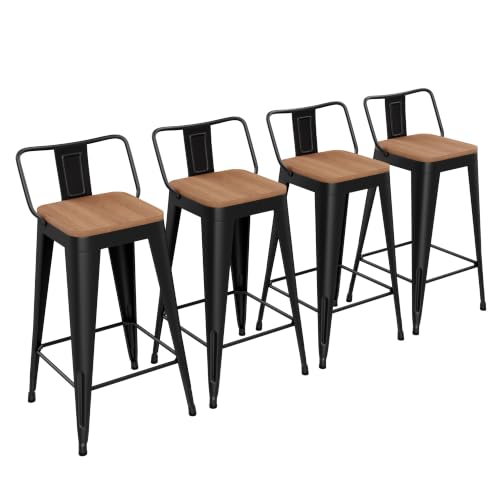 Yongchuang 24" Metal Barstools Set of 4 Counter Bar Stools with Wood Top Low Back Matte Black | Kitchen Barstools with Wood Grain Seat, Modern Farmhouse Dining Counter Height Island Bar Chairs, 330LBS Weight Capacity - color: Black, size: 24" Set of 4