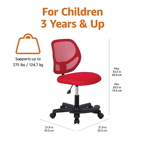 Amazon Basics Kids Adjustable Height Mesh Low-Back Swivel Desk Chair with Footrest, Rolling Computer Task Study Chair, Breathable, Red - color: Red