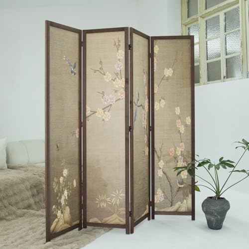 4 Panel Bamboo Room Divider, 5.6 ft Tall Double Sided Folding Privacy Screen for Room Separation, Premium Thickened Wood Frame Wall Divider, Colourful Plum (67" H x 63" W) - color: Colourful Plum, size: 4 Panel