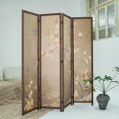 4 Panel Bamboo Room Divider, 5.6 ft Tall Double Sided Folding Privacy Screen for Room Separation, Premium Thickened Wood Frame Wall Divider, Colourful Plum (67" H x 63" W) - color: Colourful Plum, size: 4 Panel