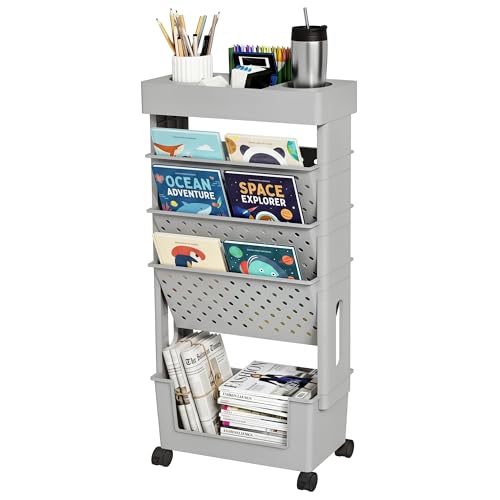 5-Tier Rolling Bookshelf Magazine Rack with Wheels Gray | Mobile Bookcase, Book Storage File Folder Organizer Cart for Home Study Office Living Room Classroom - color: Grey, size: 5-Tier 30.5"H