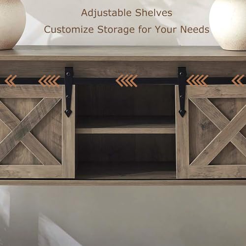Farmhouse Entryway Table with Sliding Barn Doors, Wood Console Table with Storage Shelf, Rustic Sofa Table for Living Room, Entryway, Foyer, Grey - color: Grey