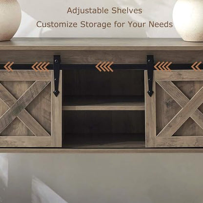 Farmhouse Entryway Table with Sliding Barn Doors, Wood Console Table with Storage Shelf, Rustic Sofa Table for Living Room, Entryway, Foyer, Grey - color: Grey