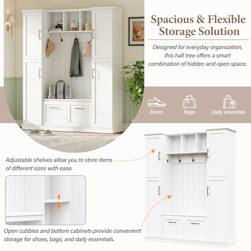 JIVOIT Farmhouse Hall Tree with 4 Side Cabinets, Adjustable Shelves & Open Cubbies, All-in-One Mudroom Furniture, Beadboard Entryway Bench with Coat Rack & 5 Hooks for Hallway (White,152) - color: White,152