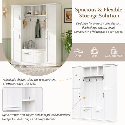 JIVOIT Farmhouse Hall Tree with 4 Side Cabinets, Adjustable Shelves & Open Cubbies, All-in-One Mudroom Furniture, Beadboard Entryway Bench with Coat Rack & 5 Hooks for Hallway (White,152) - color: White,152