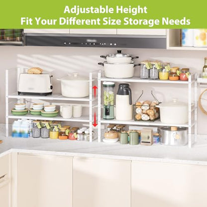 Expandable Cabinet Shelf Organizer Rack, Stackable Kitchen Counter Storage Shelves Stand, Adjustable Height Pantry Shelf Spice Rack (White-2 Pack, 8.7" D x 15.4-26.8" W x 9.8" H) - color: White-2 Pack