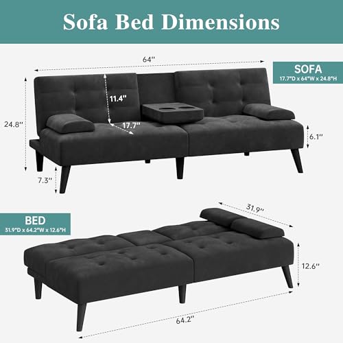 64" Futon Sofa Bed, Convertible Loveseat with 2 Cup Holders, Small Couch with 3 Adjustable Angles, Removable Armrests, Small Sofa for Apartment, 5.3 FT, Black - color: Black