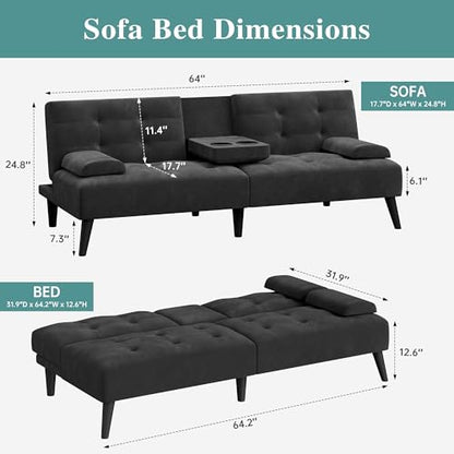 64" Futon Sofa Bed, Convertible Loveseat with 2 Cup Holders, Small Couch with 3 Adjustable Angles, Removable Armrests, Small Sofa for Apartment, 5.3 FT, Black - color: Black