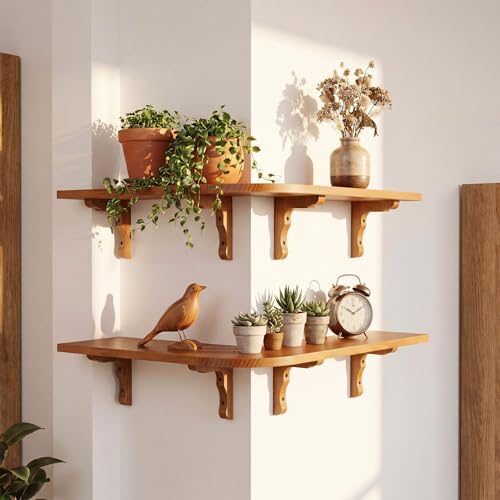 Pinkunn 2 Set Wood Floating Corner Shelves L-Shaped Wrap Around Wall Mounted Display Racks, Large Rustic Storage Bookshelf for Living Room, Bedroom & Kitchen, Easy Assembly