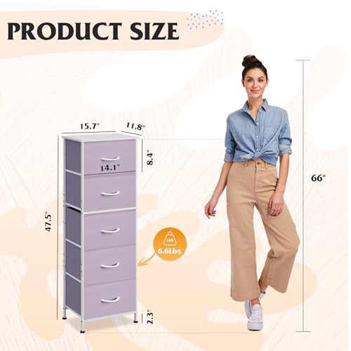 WLIVE Tall Dresser for Bedroom, 5 Drawer Dresser, Purple | 5 vertical fabric drawers, Tall vertical design, Bedroom or closet use, Dresser for small spaces, Chest of drawers - color: Purple