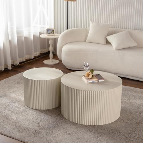 Nesting Coffee Table Set of 2, Round Wood Coffee Table and End Table Sets, Modern Double Circle Modular Accent Center Tea Table for Living Room Bedroom, （Beige + Cream, 27.56" & 19.69" - color: 27.56" & 19.7"-beige