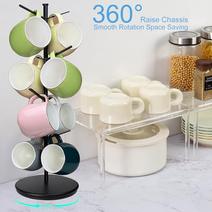 360° Rotating Mug Tree, Large 8 Hooks Upgraded Stable Metal Mug Holder, Bamboo Base Coffee Mug Cup Rack for Counter Top, Mug Display, Home Storage and Cup Organizer, Black - size: 8 hooks 360°