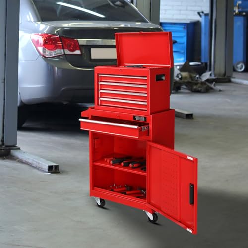 TUFFIOM 5-Drawer Rolling Tool Chest, Tool Storage Cabinet w/Drawers, Lockable Wheels, Detachable Top & Adjustable Shelf, Mechanic Tool Organizer Box for Garage, Workshop, Warehouse & Repair Shop - color: Red, size: 5Drawer