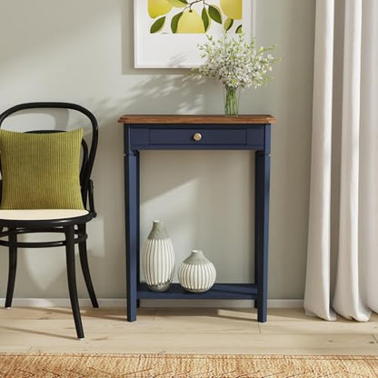 Marnie Console Table – 23.75” Wide Navy Blue Entryway Table with Storage Drawer & Shelf – Slim Accent for Hallways, Foyers, Living Rooms and Small Spaces – Handcrafted Bayur Wood | 23.75-inch slim hallway table with lower shelf, two-tone wood finish, blue