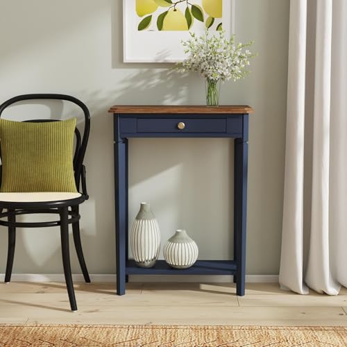 Marnie Console Table – 23.75” Wide Navy Blue Entryway Table with Storage Drawer & Shelf – Slim Accent for Hallways, Foyers, Living Rooms and Small Spaces – Handcrafted Bayur Wood | 23.75-inch slim hallway table with lower shelf, two-tone wood finish, blue