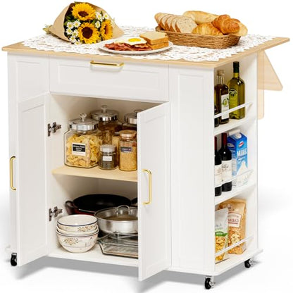 Kitchen Island Cart with Folding Drop Leaf, Kitchen Island on Wheels with Storage & Adjustable Shelves, Portable Kitchen Island with with Spice Rack & 5 Casters, for Kitchen, Dinning Room, White