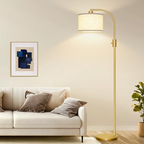 Nintiue Upgraded Modern Arc Dimmable Tall Standing Floor Lamp with Linen Shade, 1200 Lumens LED Bulb Included, for Living & Reading Room, Bedroom, Office & Nursery, Gold - color: Gold-Linen Shade