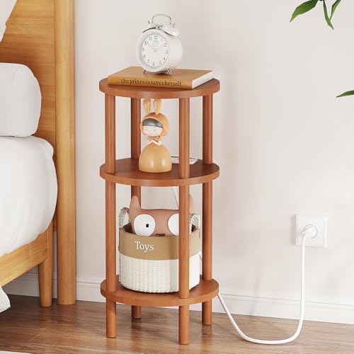 LUCKNOCK Small Round Side Table with Charging Station, 3-Tier Solid Wood End Table, Narrow Compact Sofa Bedside Table for Small Spaces, Easy Assembly for Living Room, Bedroom, Apartment (Walnut) - color: Walnut