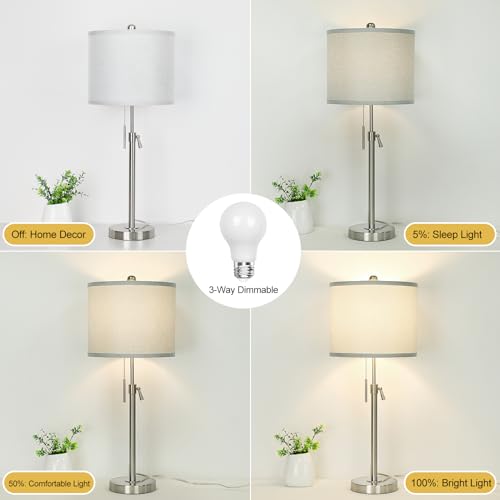 Qingmiao Table Lamps for Bedrooms Set of 2, 22" to 30" Height Adjustable Nightstand Lamps with Linen Shade, Pull Chain Switch Lamps for Living Room, 3 Way Dimmable Bedside Lamp - color: Brushed Nickel,Grey Shade
