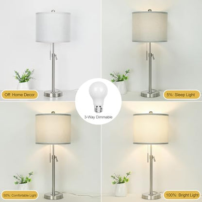 Qingmiao Table Lamps for Bedrooms Set of 2, 22" to 30" Height Adjustable Nightstand Lamps with Linen Shade, Pull Chain Switch Lamps for Living Room, 3 Way Dimmable Bedside Lamp - color: Brushed Nickel,Grey Shade