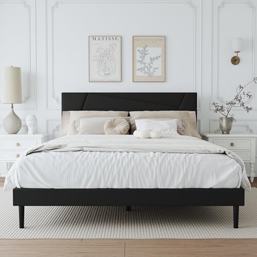 Queen Size Upholstered Bed Frame Frame with Headboard，Velvet Black | Geometric Head Board Platform Bed, Sturdy Wooden Slats, Noiseless No Box Spring Required, Easy to Assemble - color: Black, size: Queen