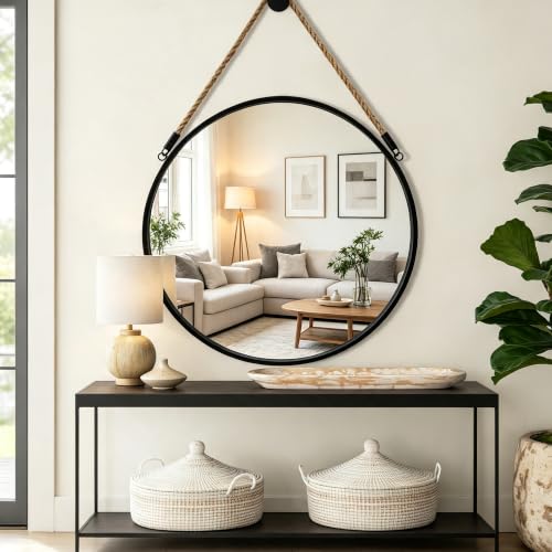 POZINO 30 Inch Large Round Hanging Mirror with Black Metal Frame | Circle HD Mirror with Jute Rope, Anti-Rust, Farmhouse Decorative Wall Mirror for Entryway, Living Room, Fireplace, Bathroom - color: Black, size: 30"L x 30"W