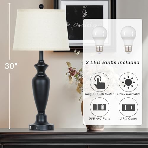 Cinyirong 30" Tall Table Lamps Set of 2, Touch Control Bedside Lamp with USB A+C Ports and AC Outlet, 3-Way Dimmable Modern Metal Nightstand Lamp for Bedroom Living Room, 2 LED Bulbs Included, Black - color: Black (2 Pack)
