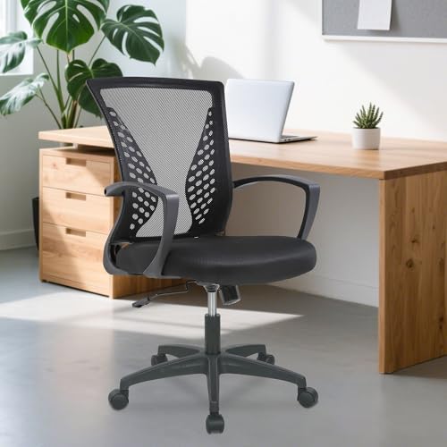 Home Office Chair Mid Back PC Swivel Lumbar Support Adjustable Desk Task Computer Ergonomic Comfortable Mesh Chair with Armrest (Dark Black) - color: Dark Black