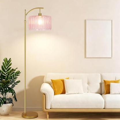 ILLMTW Pink Floor Lamp for Living Room,Bedroom,Gold Dimmable Standing Lamp with Remote,Mid Century Modern Brass Tall Lamp Boho Floor Lamps Arc Stained Glass Flower Floor Light Lamp Girls kids Bohemian - size: Floor Lamp-32