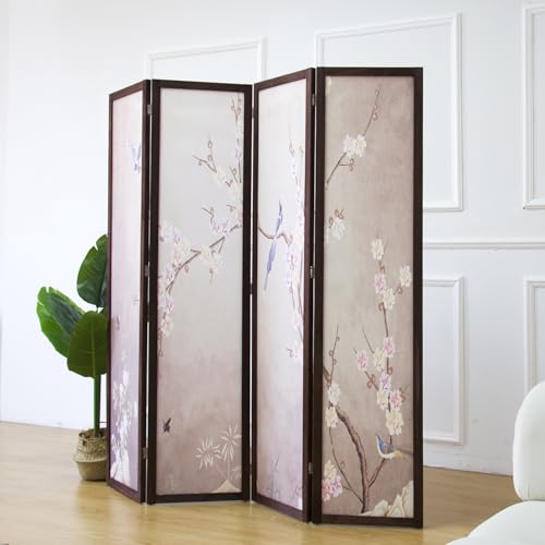 4 Panel Fabric Room Divider with Pattern, 5.6 ft Tall Folding Privacy Screen for Room Separation, Thickened Wood Frame Freestanding Partition Wall, Colourful Plum (67" H x 63" W) - color: Colorful Plum