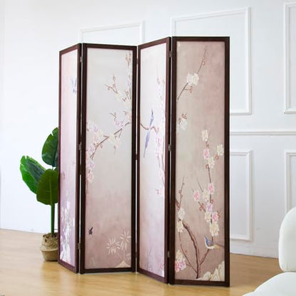4 Panel Fabric Room Divider with Pattern, 5.6 ft Tall Folding Privacy Screen for Room Separation, Thickened Wood Frame Freestanding Partition Wall, Colourful Plum (67" H x 63" W) - color: Colorful Plum