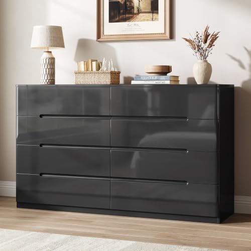 High Gloss Dresser for Bedroom, 47.2" Wide 8 Drawer Dresser, Black | Modern Dresser Chest of Drawers, Handle-less Design, High Gloss Panel, Dresser TV Stand, Wooden Dressers for Bedroom, Closet - color: Black, size: 15.7"D x 47.2"W x 31.5"H (8 Drawers)