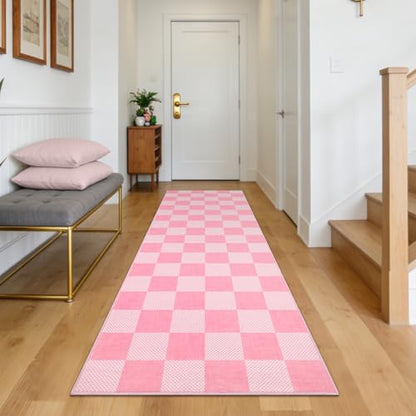 GarveeHome Checkered Pink 2x6 Washable Kitchen Runner Rug Low-Pile Entryway | Pink and White Small Area Rug for Hallway Bedroom Bathroom Non-Slip Stain Resistant Geometric Rugs TPE Backing - color: Blush Pink, size: 2' x 6' (Rectangular)