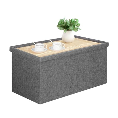 PINPLUS Folding Storage Ottoman Bench with Lid Tray, 30 inches Ottoman Coffee Table Grey Cube Chair Foot Rest Stool Storage Chest for Living Room Bedroom, Holds up to 550 lb - color: Grey