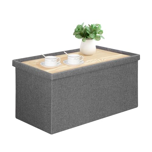 PINPLUS Folding Storage Ottoman Bench with Lid Tray, 30 inches Ottoman Coffee Table Grey Cube Chair Foot Rest Stool Storage Chest for Living Room Bedroom, Holds up to 550 lb - color: Grey