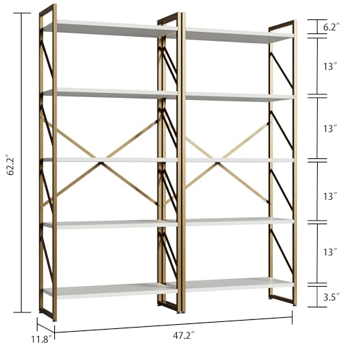 Shintenchi 2 Pieces 5 Tiers Bookshelf, Classically Tall Bookcase Shelf, Industrial Book Rack, Modern Book Holder in Bedroom/Living Room/Home/Office, Storage Rack Shelves for Books/Movies-Gold - color: 2pcs/Gold