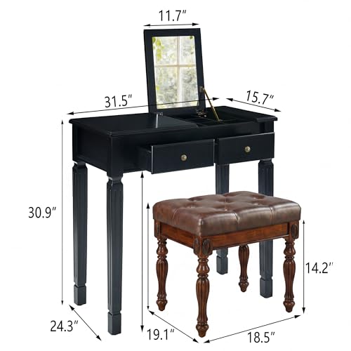LEEMTORIG 31.5" Solid Wood Small Vanity Desk with Flip-top Mirror, Compact Wooden Writing Desk with Drawers, 3 in 1 Secretary Desk/Dressing Table/Nightstand for Small Space, Black SZT-D0036-BK - color: Black