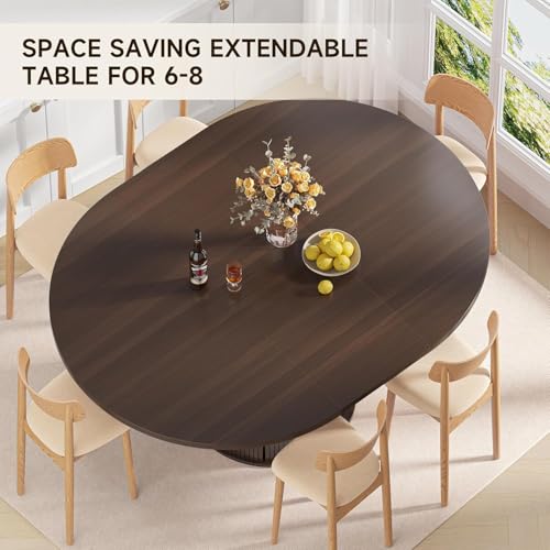 Extendable Round Dining Table: 47″–63″ Kitchen Table for 4 6 8 with Dust-Proof 2-Tier Storage Shelf Space Saving, Modern Farmhouse Expandable Wood Oval Circle Dinner Furniture with Pedestal Base