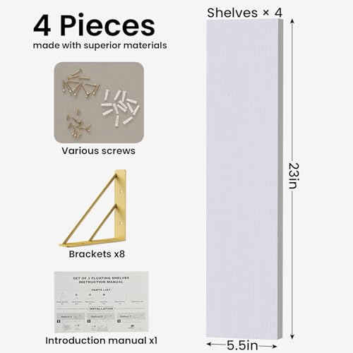 BAYKA Wall Shelves for Bedroom Decor, Floating Wall Shelf for Living Room Kitchen Storage, Mounted Rustic Wood Shelves for Kids Books, Corner Shelf for Bathroom(White and Gold，23in，Set of 4) - color: B. White Board & Gold Brackets, size: 23-inch