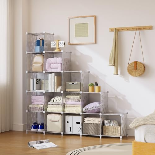 UNKU 16 Cube Storage Organizer, Closet Organizer Storage Shelf,Translucent | DIY Stackable Bookcase, Clothes Organizer Shelves for Closet, Bedroom, Living Room, Cabinet, Home, Office - color: Clear, size: 15cube