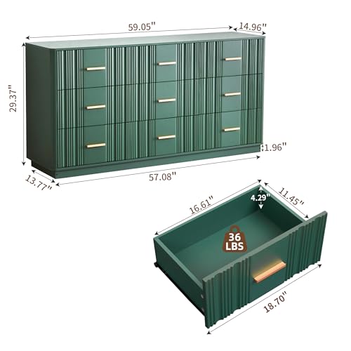 Fluted 9 Drawer Dresser,59"Wide Modern Chest of Drawers with Sturdy Base,Wood Closet Organizers,TV Stand,Storage Dresser with 9 Deep Drawers for Bedroom Living Room Hallway Entryway Nursery(Green) - color: 47" Wide Walnut