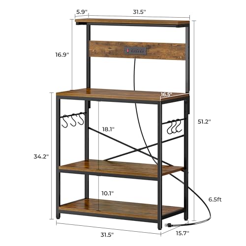 SUPERJARE Bakers Rack with Power Outlets, Microwave Stand, 31.5 X 16.5 Inch Larger Desktop, Kitchen Storage Rack with Adjustable Middle Shelf, 6 S-Shaped Hooks, Coffee Bar Stand, Rustic Brown - color: Rustic Brown, size: 31.5 inch