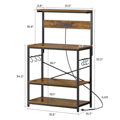 SUPERJARE Bakers Rack with Power Outlets, Microwave Stand, 31.5 X 16.5 Inch Larger Desktop, Kitchen Storage Rack with Adjustable Middle Shelf, 6 S-Shaped Hooks, Coffee Bar Stand, Rustic Brown - color: Rustic Brown, size: 31.5 inch
