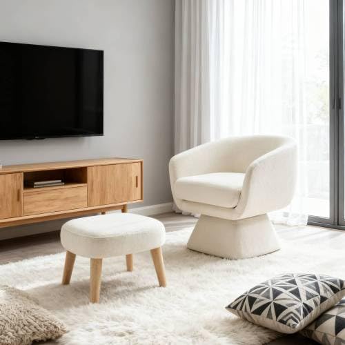 360° Swivel Barrel Chair Set, Modern Accent Chair with Ottoman, Fabric Comfy Lounge Reading Sofa Armchair for Living Room, for Bedroom, Corner, Office - color: 1032-white